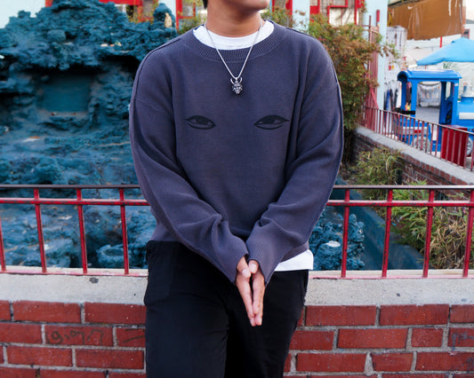Person wearing a dark blue-gray sweatshirt with eye designs in an outdoor setting.